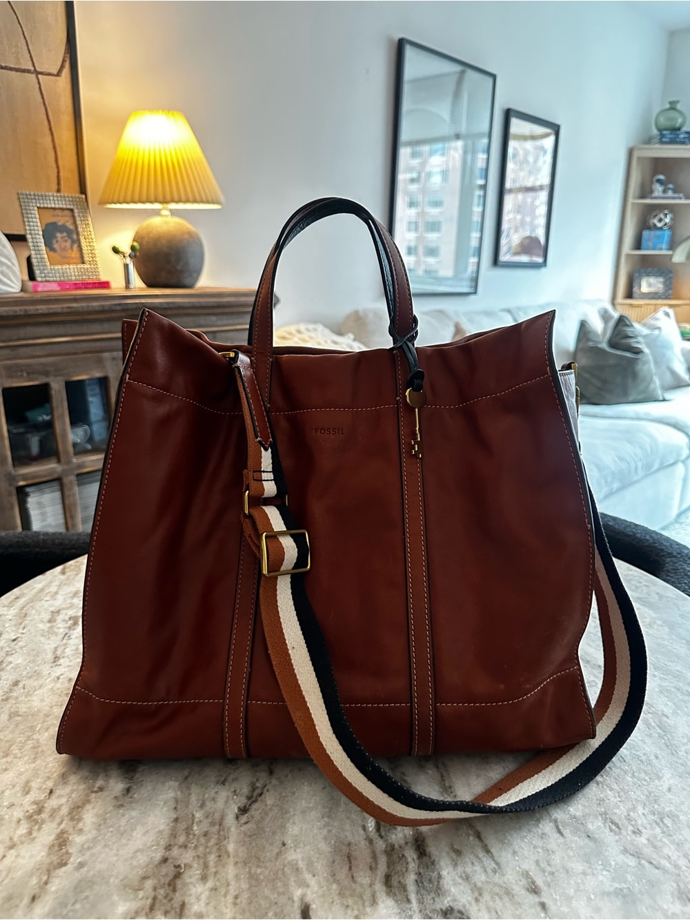 Fossil Leather Messenger Tote in Chestnut Brown with Striped Strap